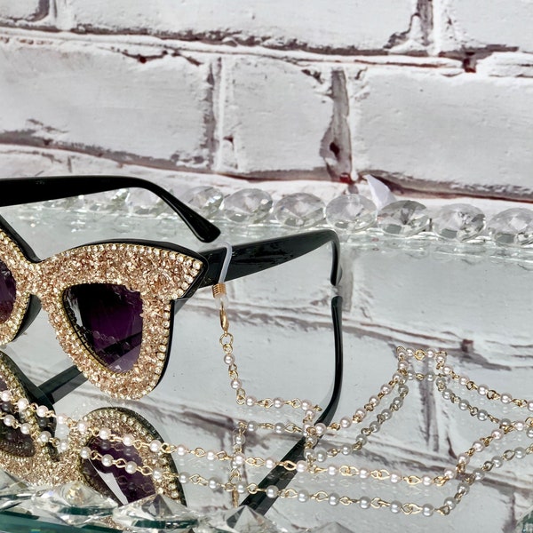 Face mask chain holder, sunglasses chain, gold rhinestone link chain for glasses, gold sunglasses chain, face mask rhinestone chain holder