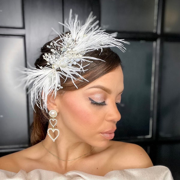 Women feather wedding headpiece, rhinestone bridal piece, rhinestone bridal headpiece, bridal accessories, rhinestone hair clip