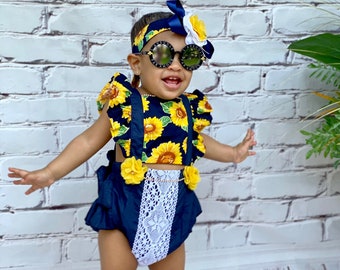 Sunflower romper, Sunflower outfit, toddler girls romper, yellow bee romper, sunflower with bee romper, baby girl summer romper outfit