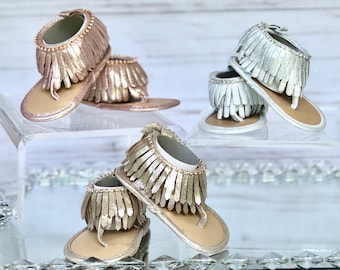 Baby girl shimmer fringe sandals, baby girl soft sole sandals, fringe girl sandals, baby girl gold sandals, rose gold leather baby sandals,