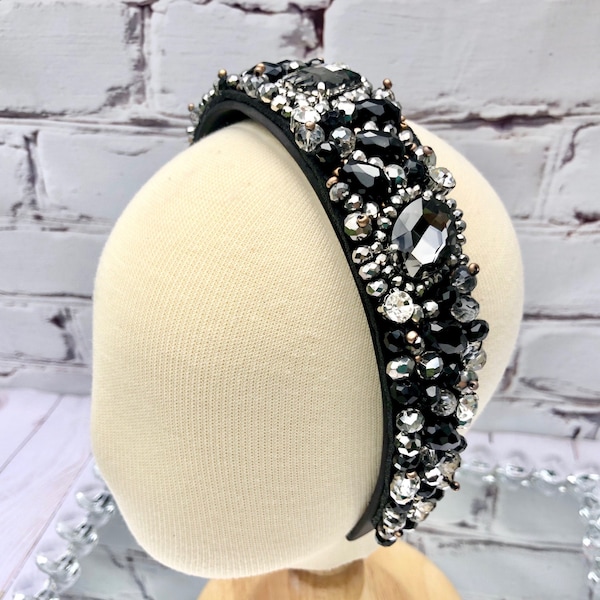 Rhinestone padded embellished headband, black and gold rhinestone headband, fashion headband, glam rhinestones headband, bejeweled headband