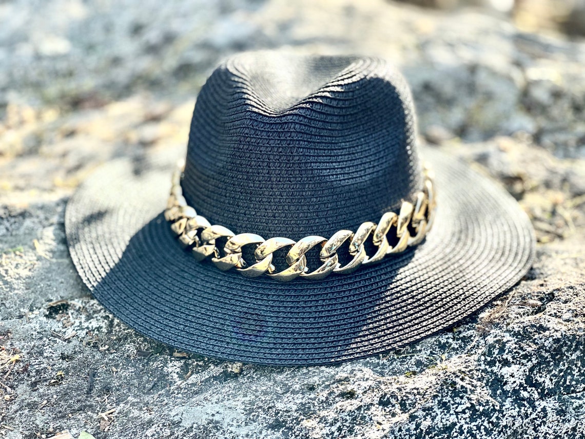 Womens straw hat gold chain link fedora hat womens chain Etsy