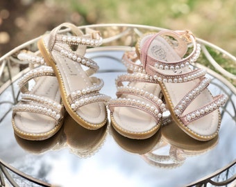 Toddler girl shimmer gold sandals, little girls hard sole sandal, gold summer girls sandal, toddler girls pearl gold sandals