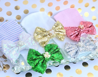 Sequin newborn big bow baby girl hat, baby girl newborn hat, newborn beanie cap, hospital big bow newborn hat, baby girl coming home outfit