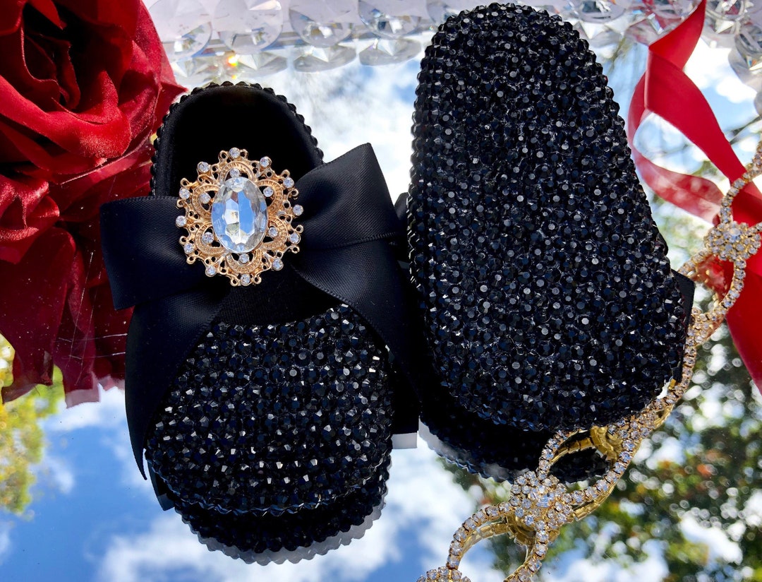 Rhinestone Black Baby Shoes, Rhinestone Baby Girl Black Shoes, Festive