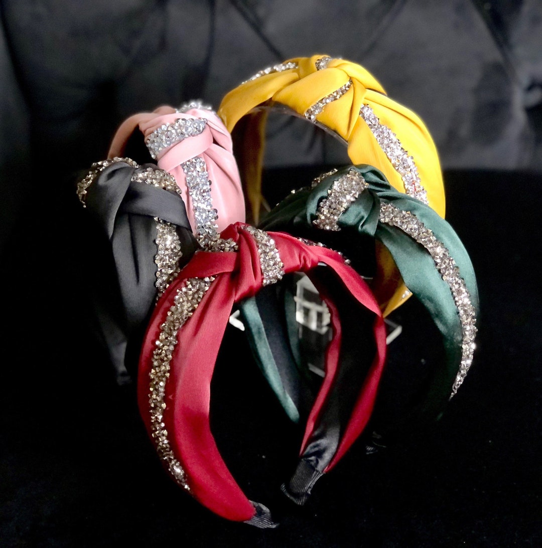 Rhinestone Silk Turban Headband, Luxury Sequin Trim Top Knotted