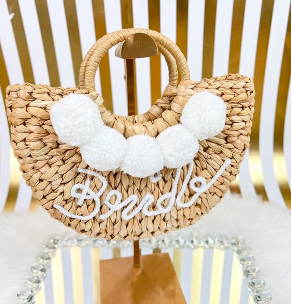 Pom Pom Bride Handbag Bride Straw Bag Straw Pom Pom Purse Beach Purse Bamboo Summer Bag Rattan Summer Bag Etsy