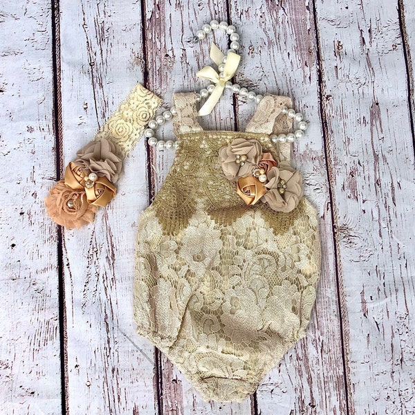 Baby girl gold lace romper and headband set,Cake Smash Romper, Baby Vintage Style Romper, Christening Outfit, Lace Romper, Baby Romper