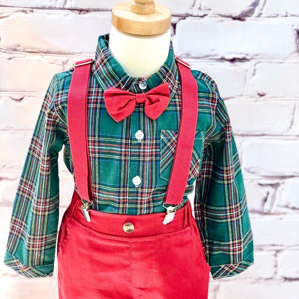 Boys holiday outfit, toddler boys outfit, baby boy Christmas outfit,  boys plaid shit with suspenders and bowtie