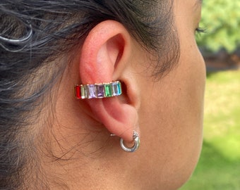 Gold rainbow Rhinestone cuff earring, ear cuff no piercings earring, colorful rhinestone cuff earring set, ear cuff fake piercing earrings