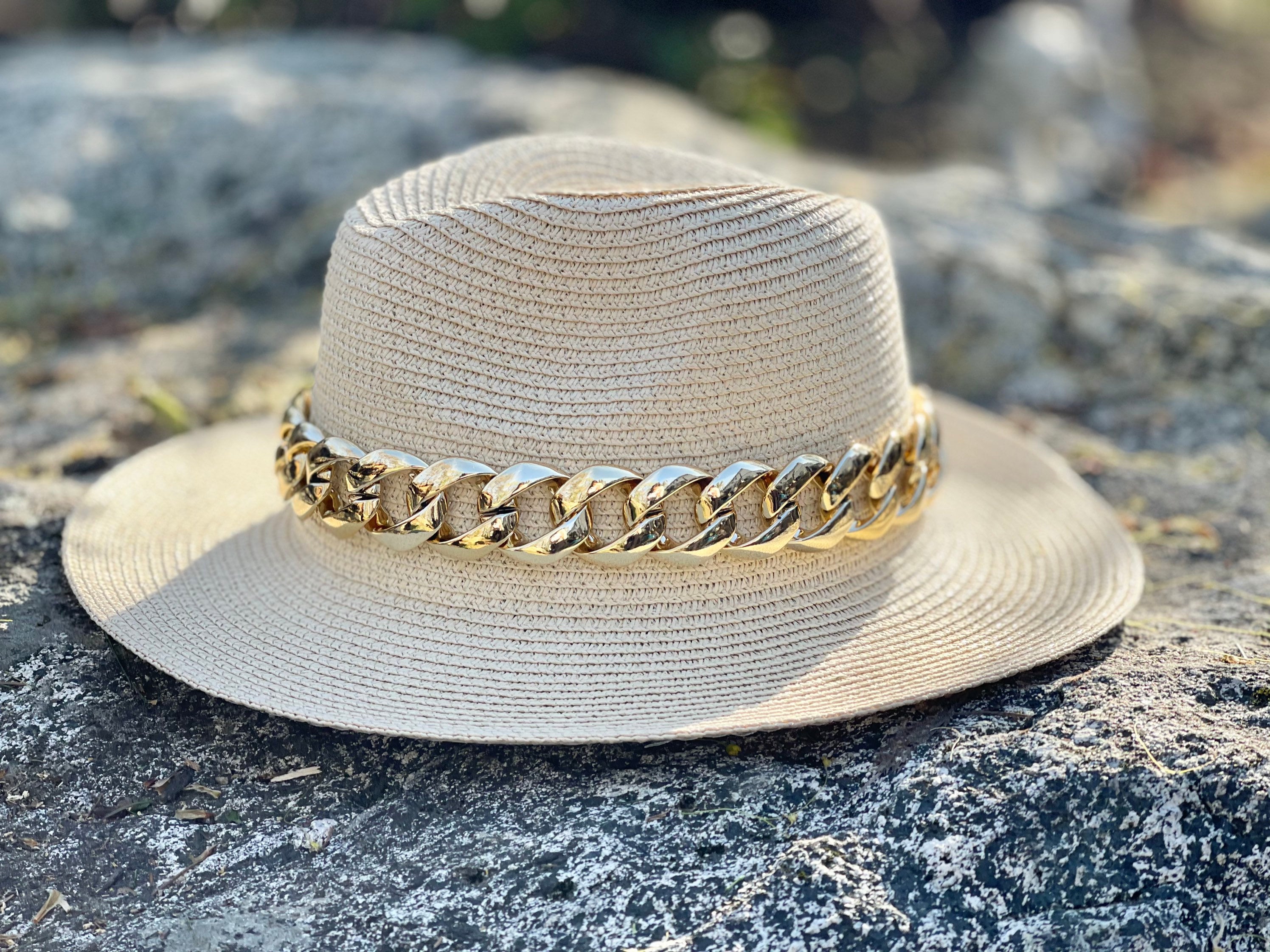 Womens straw hat gold chain link fedora hat womens chain Etsy