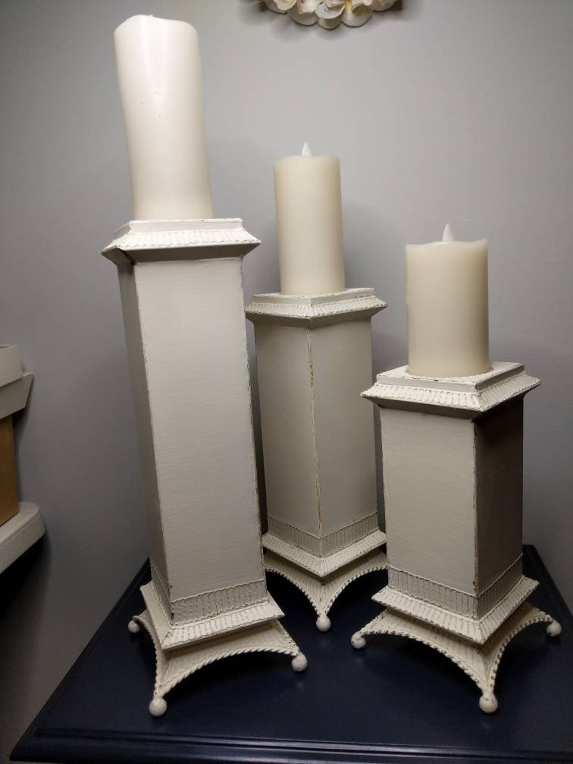 White Distressed Metal Candle Holders Set of Three 3 Tall Etsy