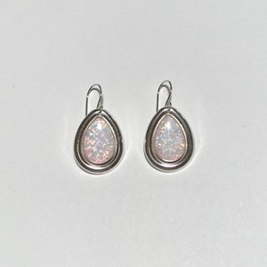10x15mm White Opal Set in Sterling Silver Earrings - White Opal Tear Drop Dangle Earrings
