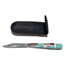 Southwestern Inlay Turquoise Pocket Knife with Black Sheath - Multicolor Inlay Stone - Stainless Steel Knife