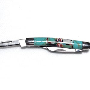 Small Three Blades Knife - Turquoise Inlay Pocket Knife - Multicolor Inlay Stone - Stainless Steel Knife