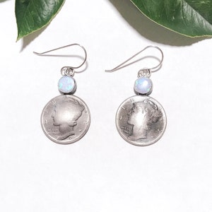 Liberty One Dime Hook Earrings - 6mm Blue Opal Dangle Earrings - Five Cent Coin Sterling Silver Drop Earrings