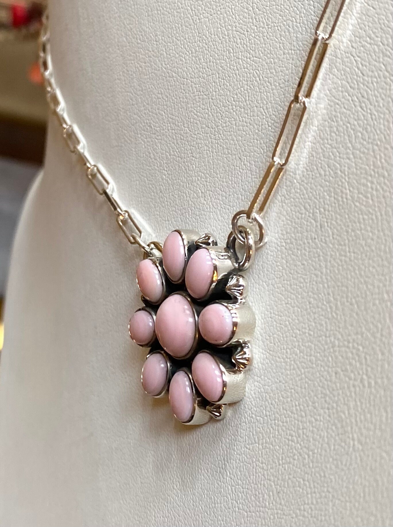 Pink Conch & Sterling Silver Necklace – 8 mm Pearls – 19 Inch + Extender
