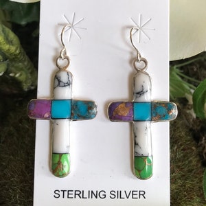 Turquoise Cross Earrings - Multicolor Cross Earrings Sterling Silver - Green, Purple & Blue Turquoise, White Buffalo Cross Earrings