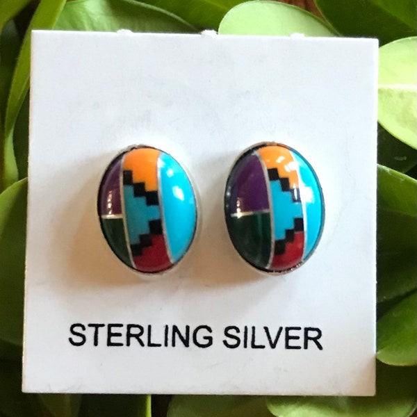 Multi Color Oval Shape - Inlay Turquoise Sterling Silver Post Earrings 7x9mm