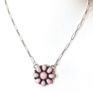Pink Conch Shell Bar Necklace - Sterling Silver Pink Stones Necklace - Natural Pink Conch Shell/Pink Necklace - Flower Bar Pendant Necklace