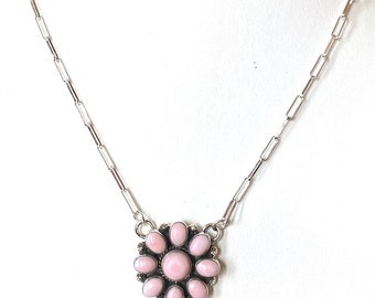 Collar con colgante de barra de concha rosa - Collar de plata de ley con piedras rosas - Collar de concha rosa natural/collar rosa - Collar con colgante de barra de flor
