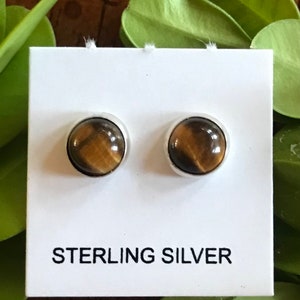 Tiger Eyes Round Stud Earrings - Sterling Silver Post Earrings 6mm