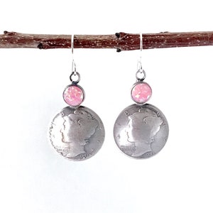 1943 Liberty One Dime Hook Earrings - 6mm Pink Opal Dangle Earrings - Five Cent Coin Sterling Silver Drop Earrings