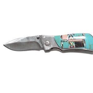 Southwestern Inlay Pocket Knife - Turquoise Inlay with Multi Stones Knife - Stainless Steel Knife