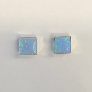 Blue Opal Square Stud Earrings - Opal Sterling Silver Post Earrings 6x6mm