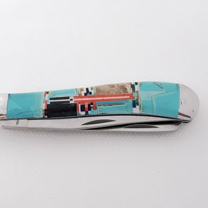 Double Bladed Knife - Turquoise Inlay Pocket Knife - Multicolor Inlay Stone - Stainless Steel Knife