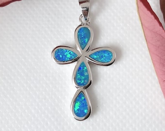 Ciondolo in opale blu scuro, ciondolo a croce in opale, argento sterling