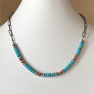 Natural Turquoise Necklace - Blue Turquoise Rondelle Beads, Spiny Oyster, Silver Beads 6mm and Sterling Silver Chain