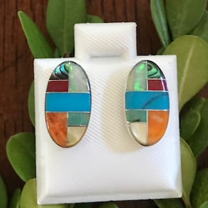 Multicolor Oval Shape - Inlay Turquoise with Red Coral, Abalone, Spiny Oyster - Sterling Silver Post Earrings 8x15mm