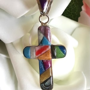 Inlay Multicolor Cross Pendant - Inlay Sterling Silver Pendant - Pendant for Necklace