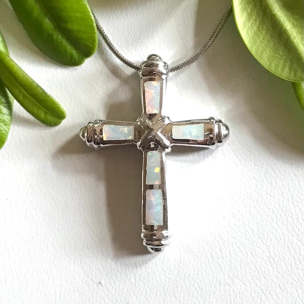 White Opal Cross Pendant - Opal Cross Pendant for Necklace - White Opal Pendant Sterling Silver