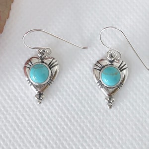 6mm Turquoise Dangle Earrings - Heart Earrings - Turquoise Sterling Silver Drop Earrings - French Hooks Earrings