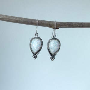 10x15mm White Opal Tear Drop Sterling Silver Earrings - White Opal Dangle Earrings - French Hook Earrings