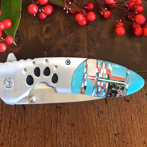 Turquoise Inlay Pocket Knife - Multicolor Inlay Stone - Stainless Steel Knife