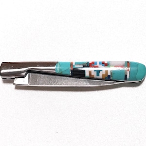 Small Turquoise Inlay Pocket Knife - Multicolor Inlay Stone - Stainless Steel Knife