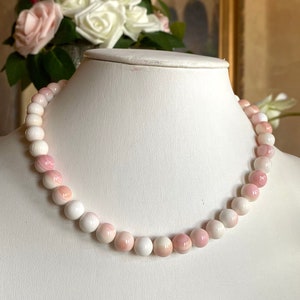Naszyjnik z muszli Pink Conch Shell - Naturalna muszla Pink Queen Conch Shell okrągła kula 10 mm - Naszyjnik z koralików z kamieni szlachetnych ze srebra próby 925