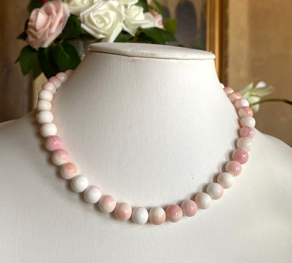 Pink Conch Shell Necklace Natural Pink Queen Conch Shell Round Ball 10mm  Gemstone Beads Sterling Silver Necklace