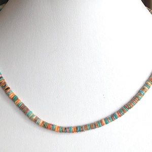 Multicolor Necklace - Turquoise and Spiny Oyster 5mm - Combination of Stone Sterling Silver Necklace