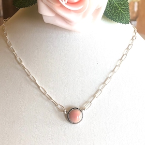 Pink Conch Shell Pendant Necklace - Sterling Silver Pink Stones Necklace - Natural Pink Conch Shell Pendant/10mm Pink Round Pendant Necklace
