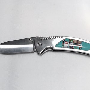 Turquoise Inlay Pocket Knife - Multicolor Inlay Stone - Stainless Steel Knife