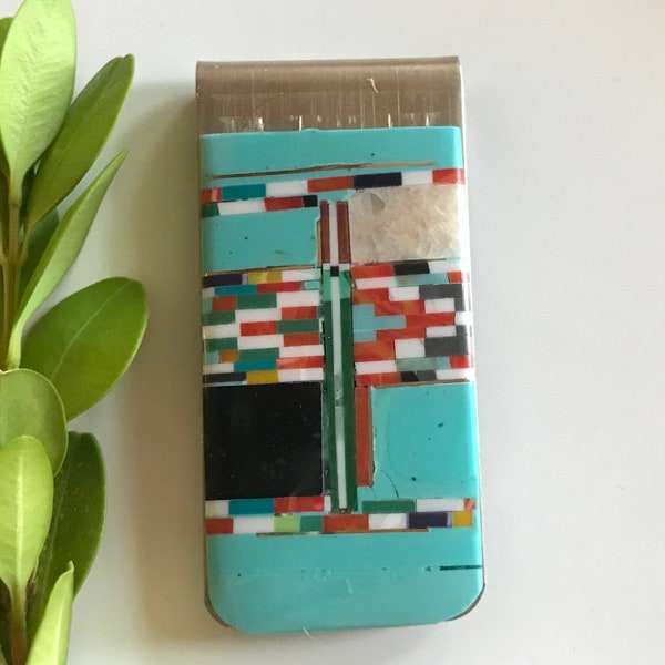 Turquoise Inlay Money Clip - Multicolor Inlay Stones - Stainless Steel Money Clip