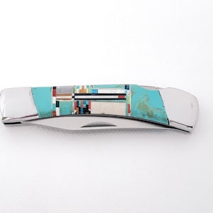 Southwestern Inlay Knife - Turquoise Inlay with Multi Stones Knife - Stainless Steel Knife