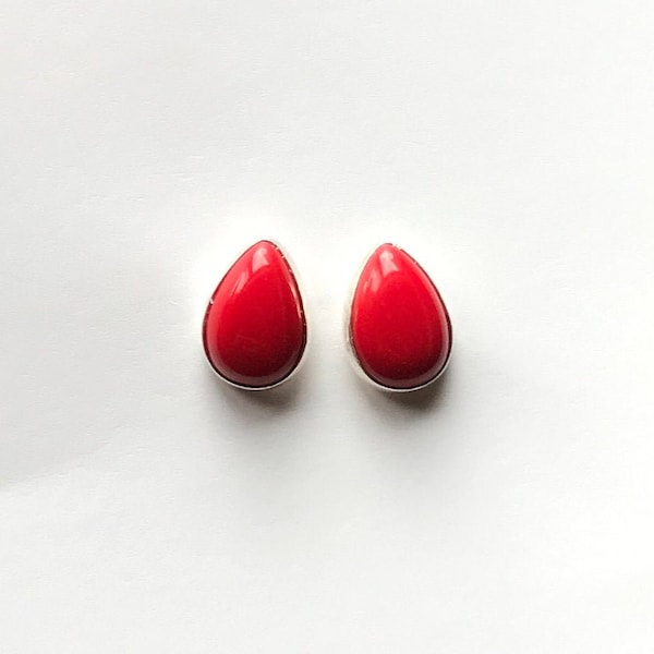 Coral Teardrop Stud Sterling Silver Earrings - Coral Post Earrings 7x9mm