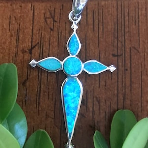 Dark Blue Opal Cross Pendant - Blue Fire Opal Cross Pendant Sterling Silver