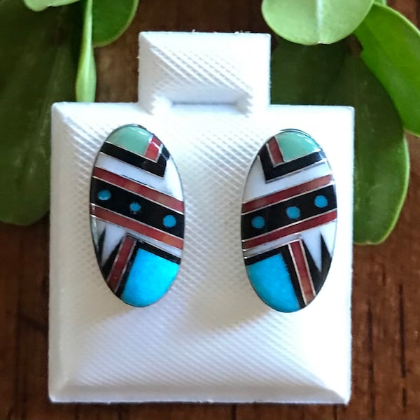 Inlay Multicolor Oval Shape - Inlay Turquoise and Red Coral, Black Onyx, Mop Stones - Sterling Silver Post Earrings 8x15mm