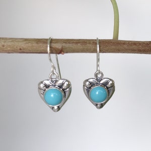 6mm Turquoise Dangle Earrings - Heart Earrings - Turquoise Sterling Silver Drop Earrings - French Hooks Earrings